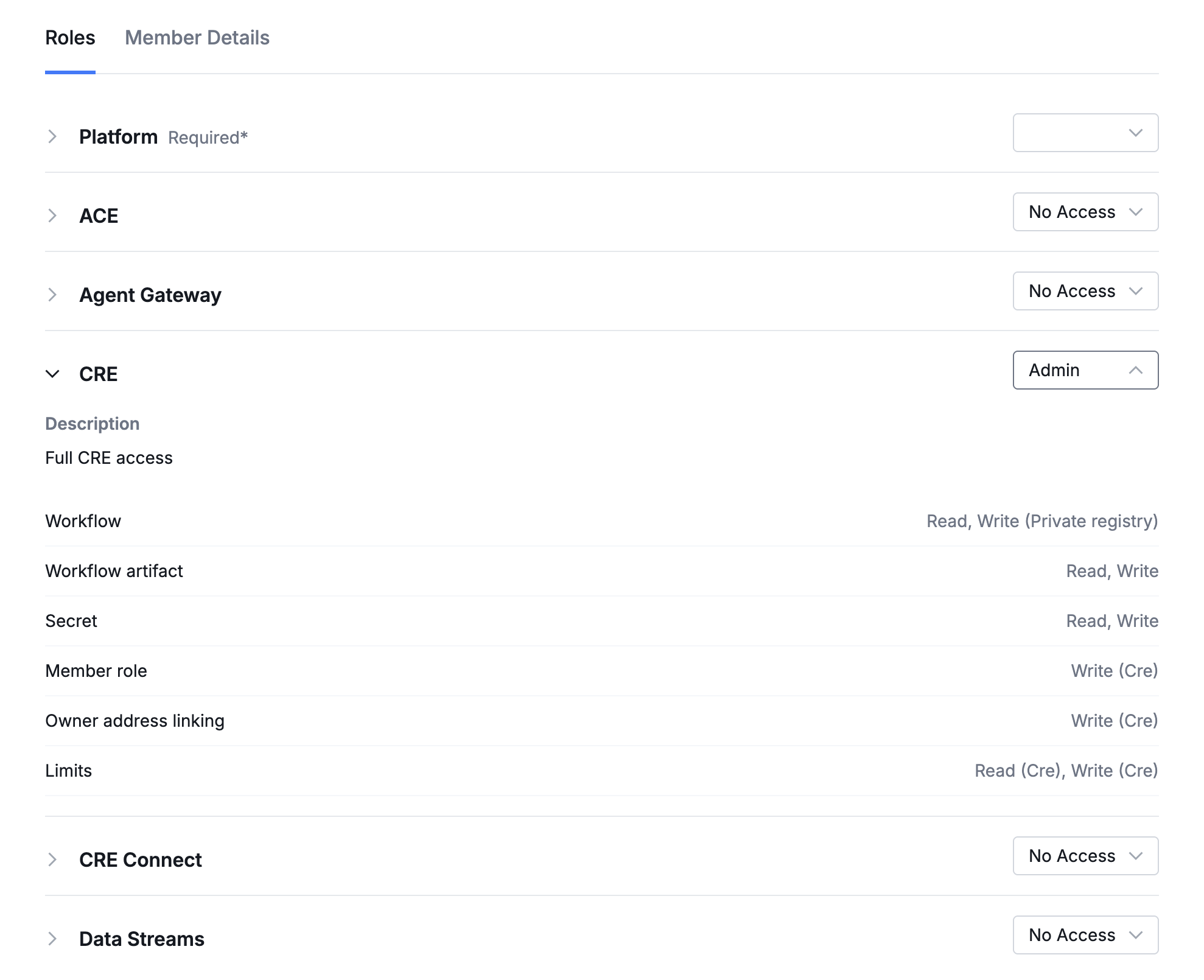Expanded role permissions dropdown showing the role description and permissions grouped by service